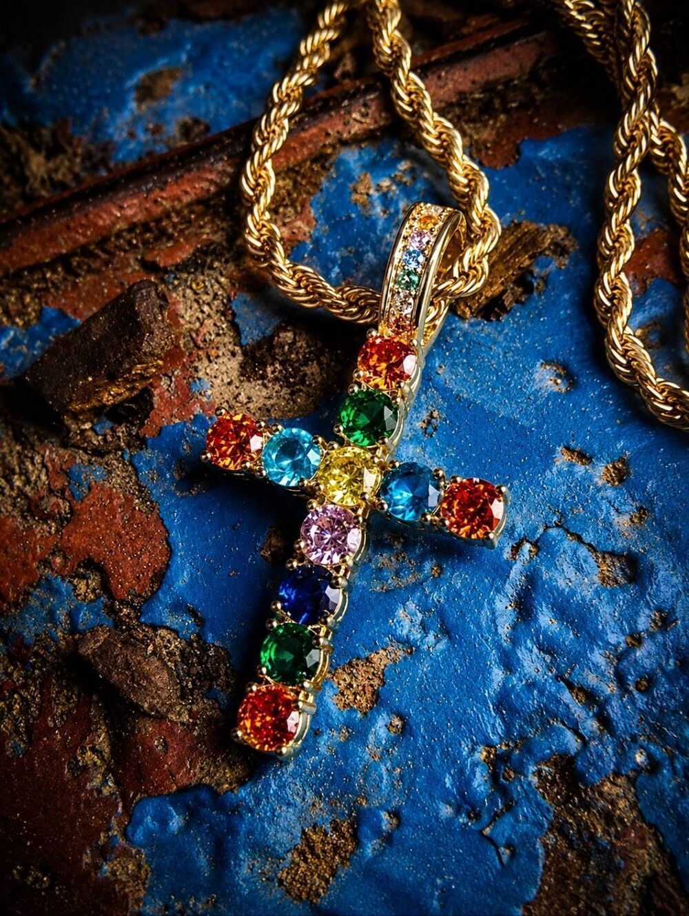 Multicolored Simulated Diamond Cross Necklace